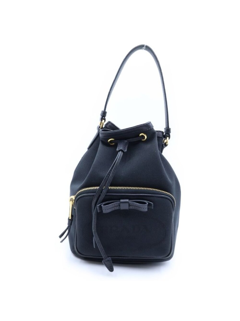 Prada Duet Ribbon Bucket Bag Black Leather Canvas Gold